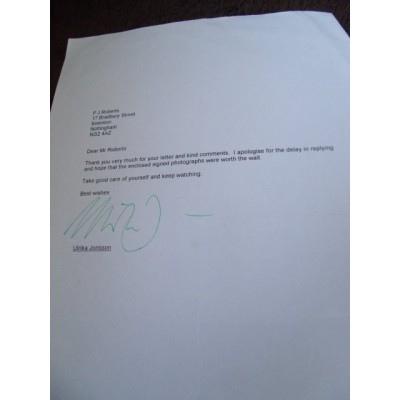 Ulrika Jonsson Signed Letter (Shooting Stars; Gladiators)